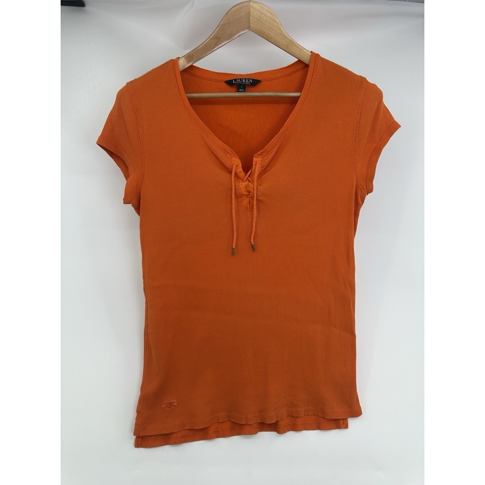 Lauren Ralph Lauren Top Womens L Orange Rib Knit Lace Up Front  Short Sleeve‎